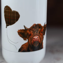 Load image into Gallery viewer, Close up of bottom of water bottle with highland cow painting and tartan balloon