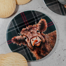 Load image into Gallery viewer, Jan Laird highland cow coaster with the real mary king's close tartan background