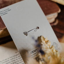 Load image into Gallery viewer, Back of jewellery packaging with a security pin, displayed against dried flowers and a book
