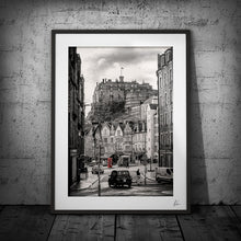 Load image into Gallery viewer, Black and white line drawing of Edinburgh castle with a red post box