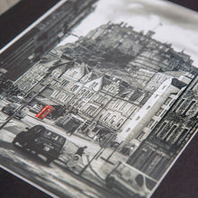 Load image into Gallery viewer, close up of red post box in B&W image of the Grassmarket, Edinburgh