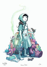 Load image into Gallery viewer, Annie the Ghost stands in front of her pile of toys. She holds a doll in a tartan dress.
