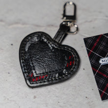 Load image into Gallery viewer, Black leather heart keyring with The Real Mary King&#39;s Close tweed decoration
