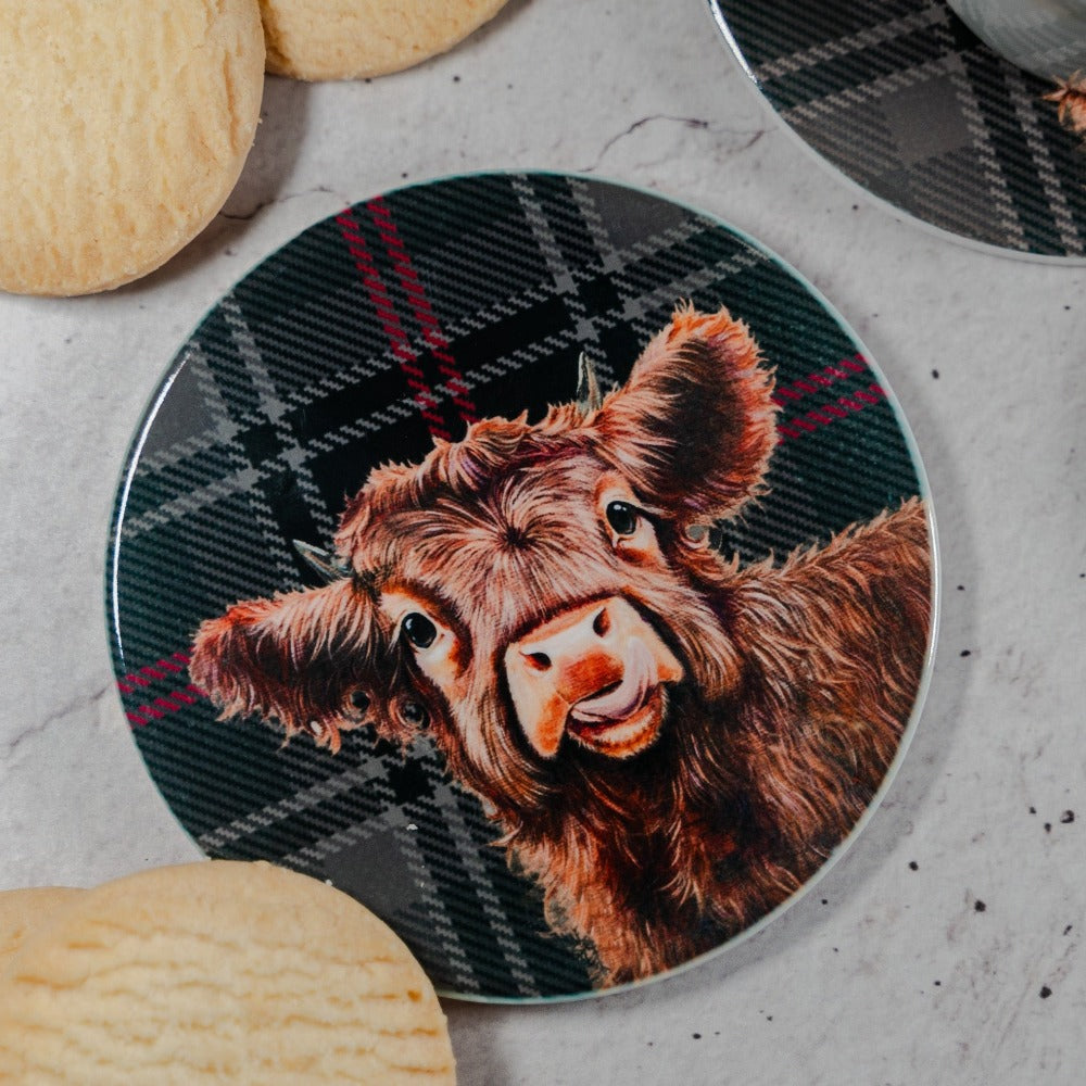 Jan Laird highland cow coaster with the real mary king's close tartan background 