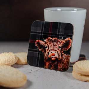 Jan Laird highland cow square coaster with the real mary king's close tartan background