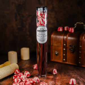 Cherry "Bleeding Veins & Blood Clots" sweets tube with a chest in the background 
