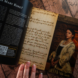 An open page from The Real Mary King's Close AR Guidebook displaying a tax record and an image of the 17th century burgess, Mary King