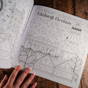 A line drawing of the Edinburgh Christmas market for colouring in