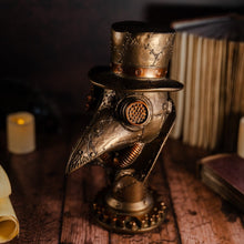 Load image into Gallery viewer, Candlelit golden Steampunk statue of a Plague Doctor head
