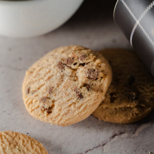 Close-up of chocolate chip shortbread cookie
