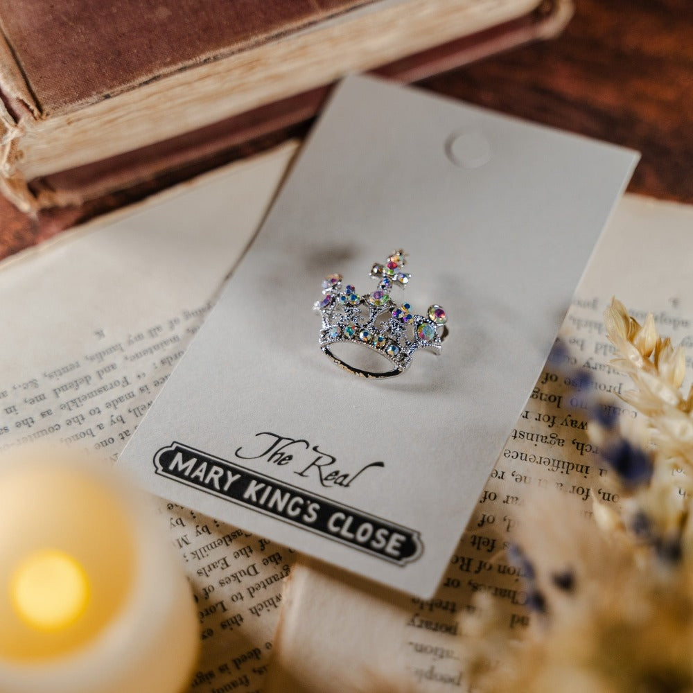 Jewelled regal crown finger ring displayed in its The Real Mary King's Close packaging