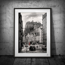 Load image into Gallery viewer, Black and white line drawing of Edinburgh castle with a red post box
