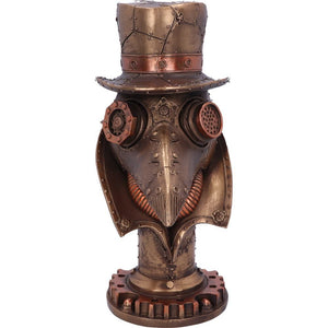 steampunk plague doctor mask sculpture in burnished bronze