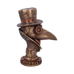 side view of steampunk plague doctor sculpture with top hat (facing right)