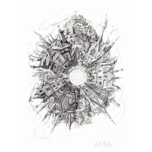 Auld Reekie Print by Ross MacRae, a 360 degree sketch of Edinburgh Old Town