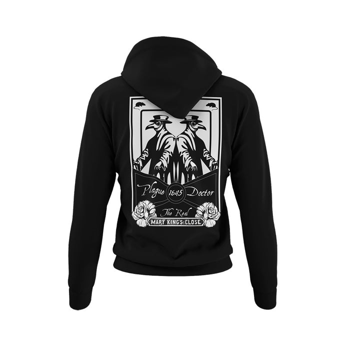 double plague doctor print on hoodie with text the real mary kings close